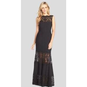 TADASHI SHOJI Black Lace Neoprene Embroidered Floral Maxi Evening Dress Gown XS